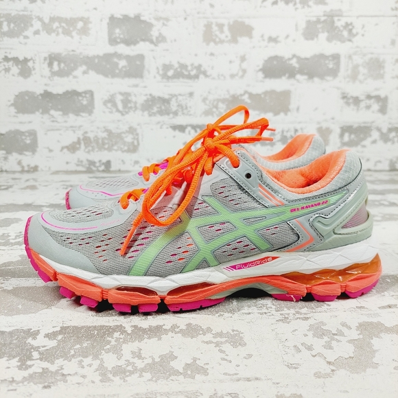 Asics Shoes - Asics Gel-Kayano 22 Gray Orange Pink Lace Up Logo Athletic Running Sneakers B86